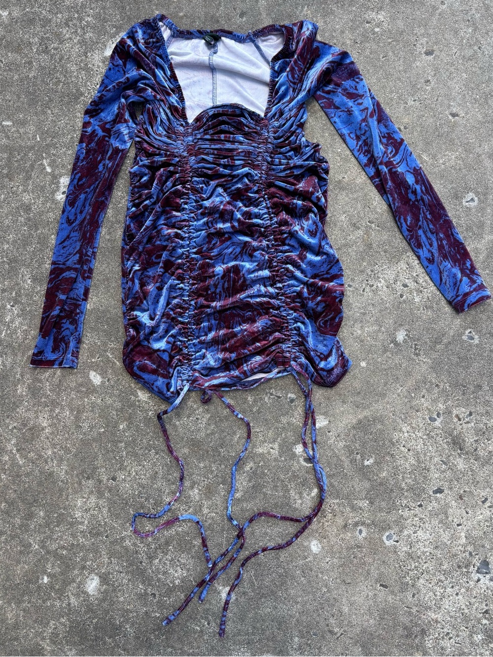 wild fable Ruched Long-Sleeve Mini Dress in Blue and Burgundy Abstract